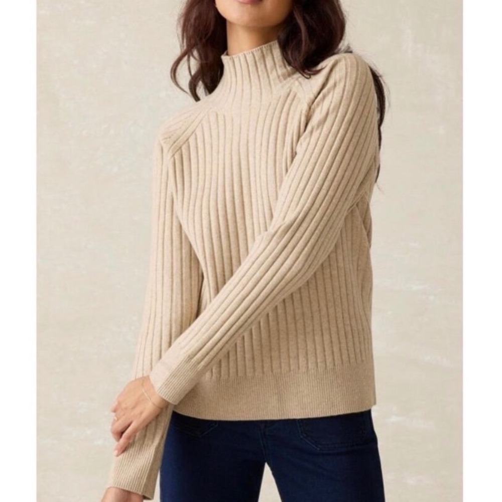 Faherty Jackson Mockneck Sweater in Oat Heather Ribbed Organic Cotton - XSmall